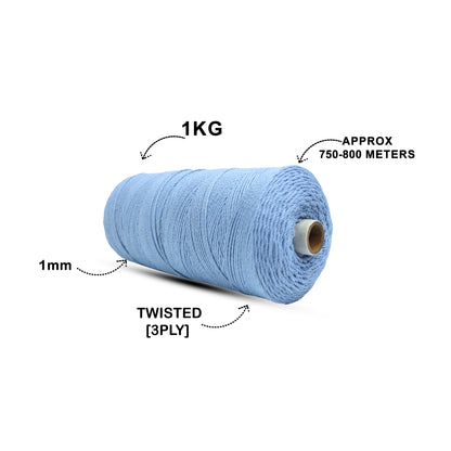 1mm Twisted (3Ply) | Ice Blue | 750 Metres | 1kg Spool | Cotton | No 32