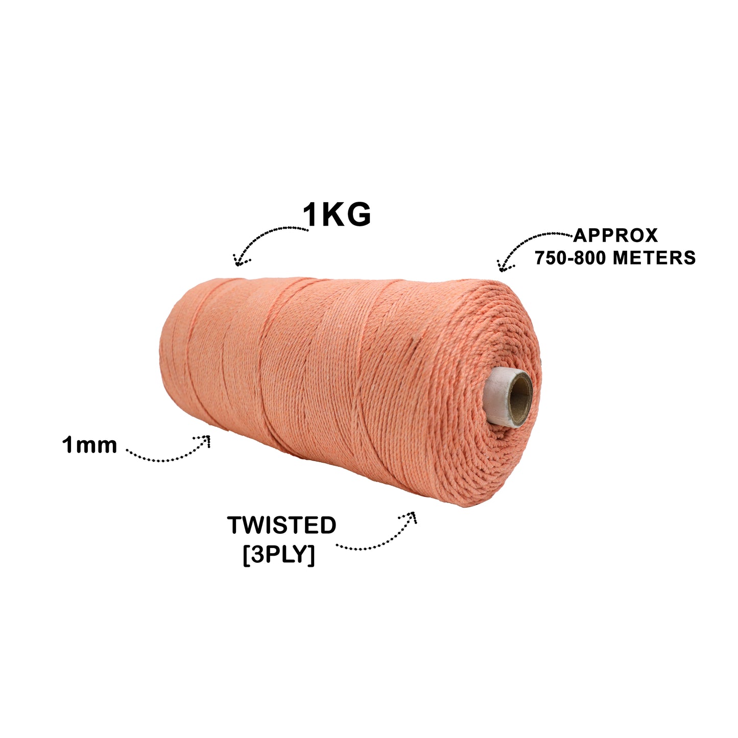 1mm Twisted (3Ply) | Pastel Orange | 750 Metres | 1kg Spool | Cotton | No 34