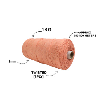 1mm Twisted (3Ply) | Pastel Orange | 750 Metres | 1kg Spool | Cotton | No 34