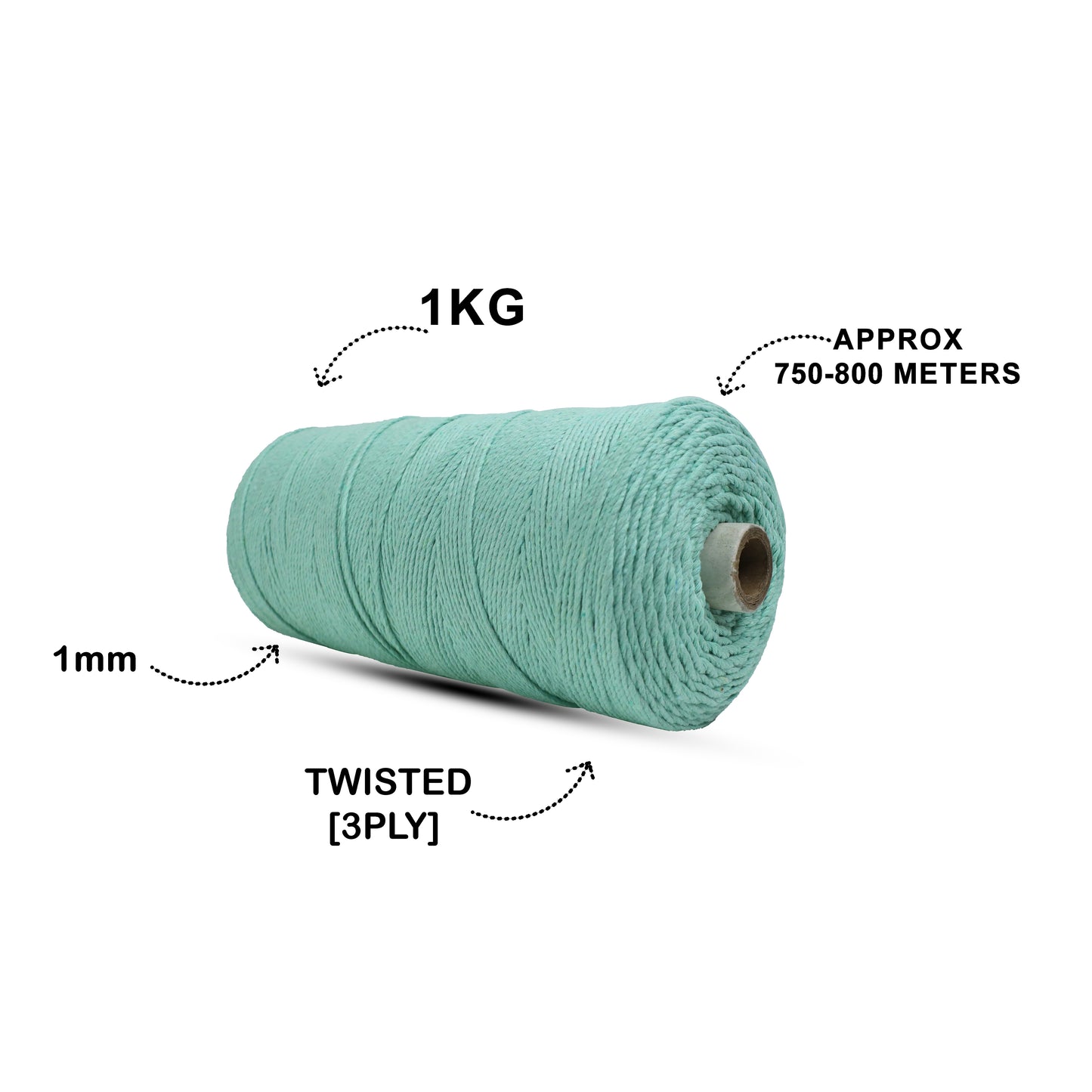 1mm Twisted (3Ply) | Mint Green | 750 Metres | 1kg Spool | Cotton | No 35