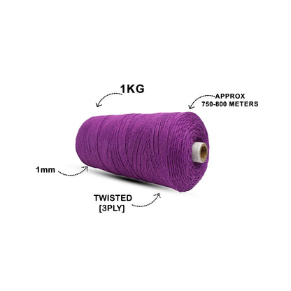 1mm Twisted (3Ply) | Reddish Purple | 750 Metres | 1kg Spool | Cotton | No 36