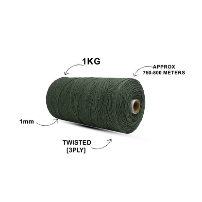 1mm Twisted (3Ply) | Army Green | 750 Metres | 1kg Spool | Cotton | No 38