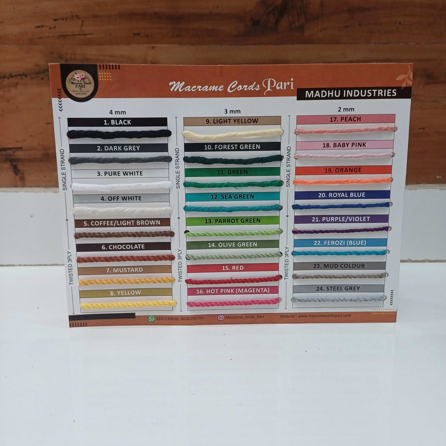 Macrame Cords Pari Sample Card - 40 Colors, All Textures & Sizes