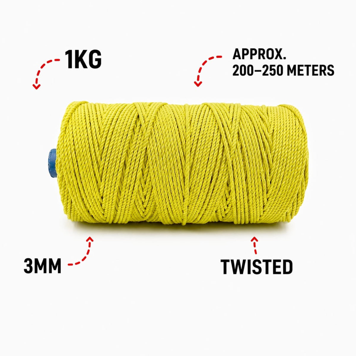 3mm Twisted (3ply) | Lemon Yellow Colour| 200-250 Meters| Cotton | 1Kg Spool