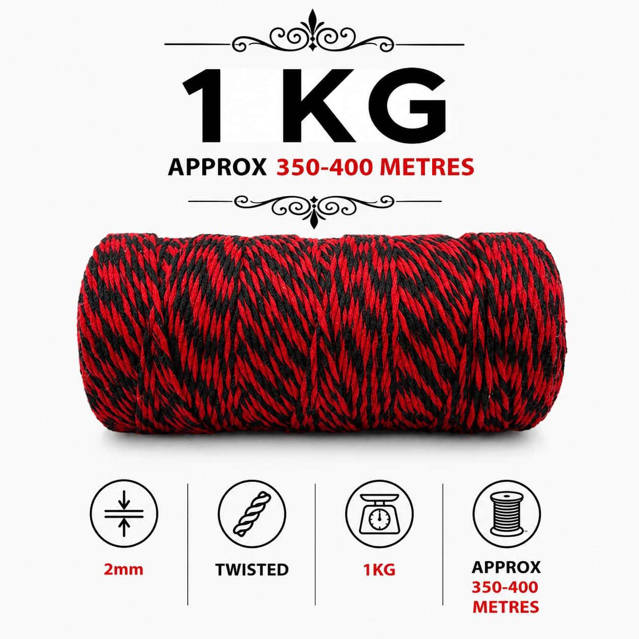 2mm Twisted Multicolor | Black+Red | Approx 350-400 meters | 1Kg