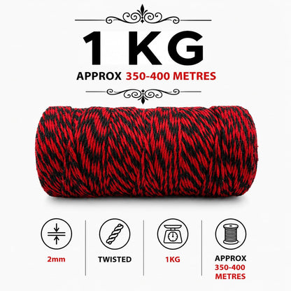 2mm Twisted Multicolor | Black+Red | Approx 350-400 meters | 1Kg
