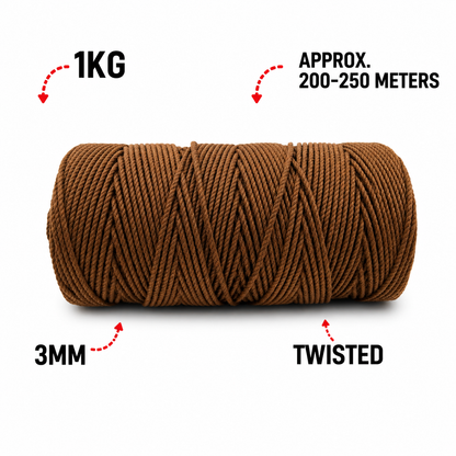 3mm Twisted (3Ply) | Coffee Brown | 200 - 250 Metres | 1kg Spool | Cotton | No 05