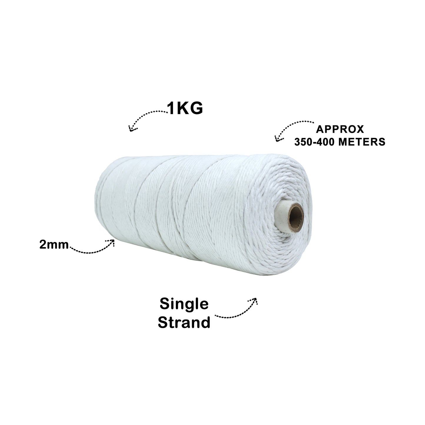 2mm Single Strand | Pure White | 350 - 400 Metres | 1kg Spool | Cotton | No 03