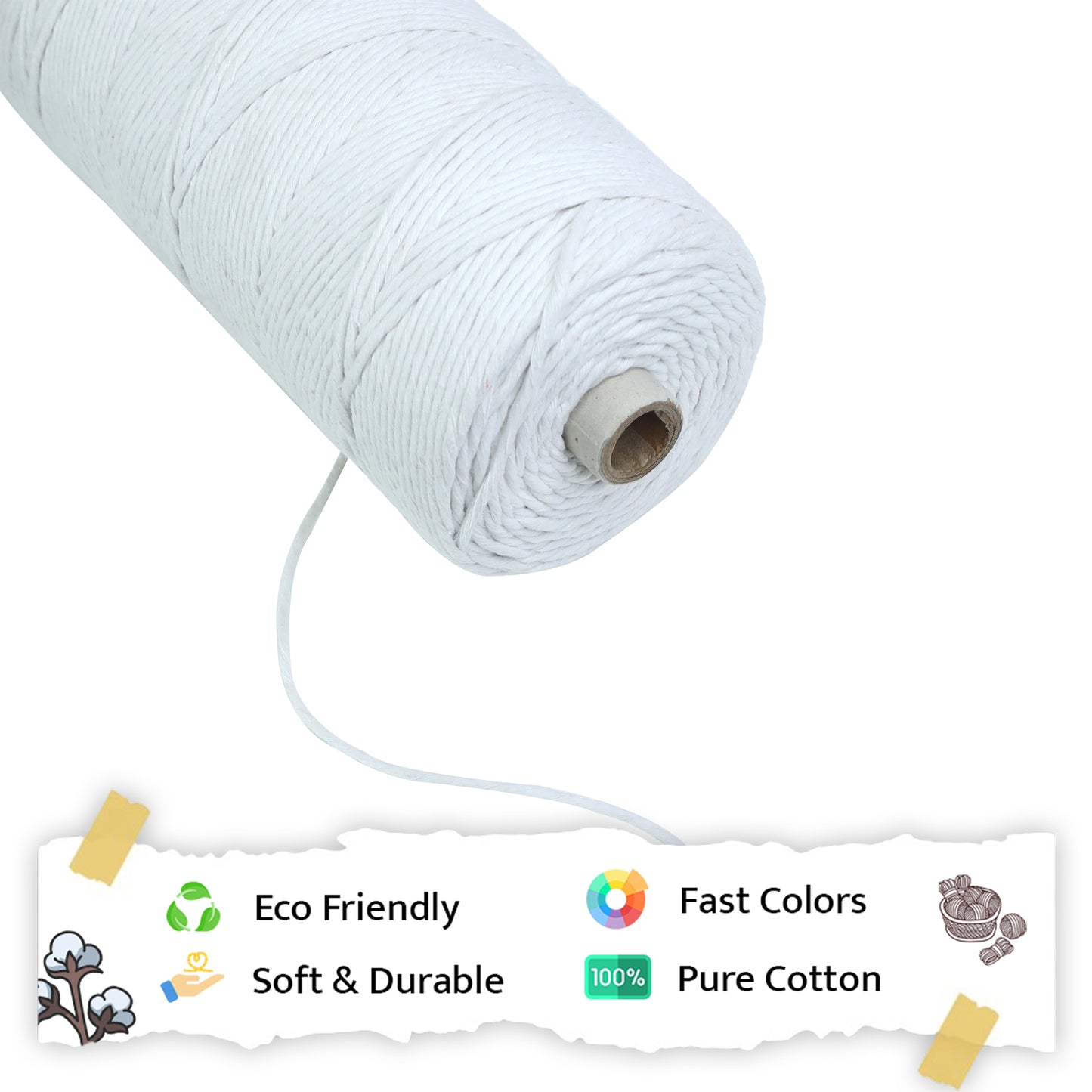 2mm Single Strand | Pure White | 350 - 400 Metres | 1kg Spool | Cotton | No 03