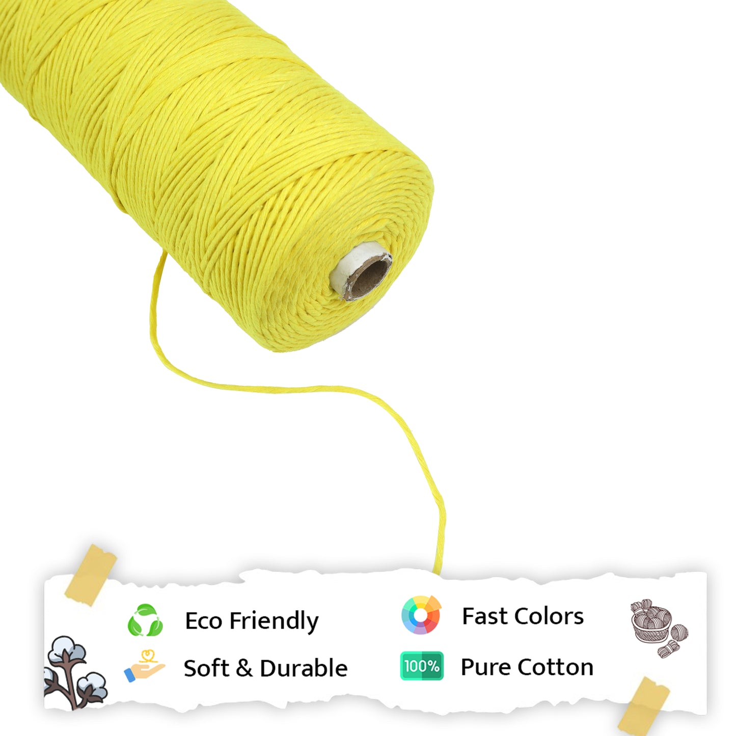 2mm Single Strand | Yellow | 350 - 400 Metres | 1kg Spool | Cotton | No 08