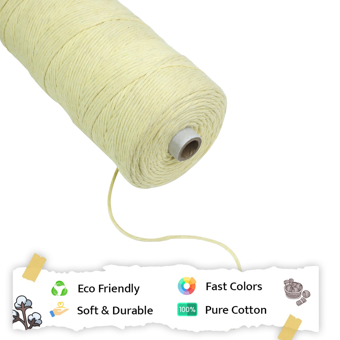 2mm Single Strand | Light Yellow | 350 - 400 Metres | 1kg Spool | Cotton | No 09