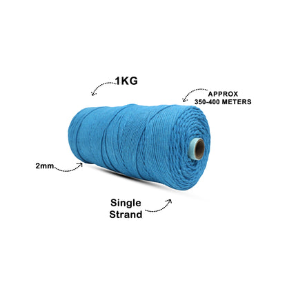 2mm Single Strand | Bright Blue | 350 - 400 Metres | 1kg Spool | Cotton | No 22