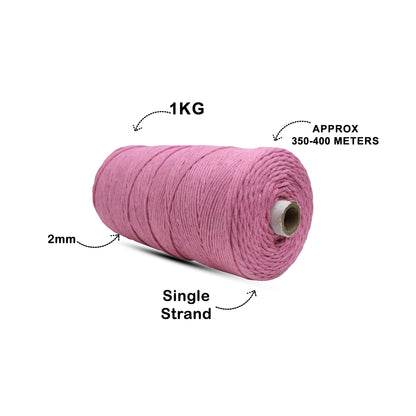 2mm Single Strand | Bright Pink | 350 - 400 Metres | 1kg Spool | Cotton | No 33