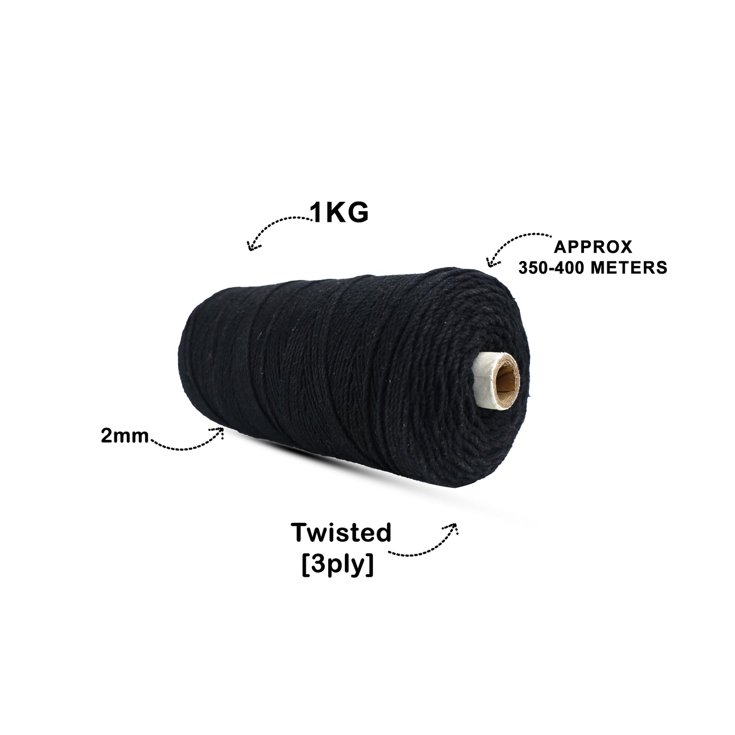 2mm Twisted (3Ply) | Black | 350 - 400 Metres | 1kg Spool | Cotton | No 01