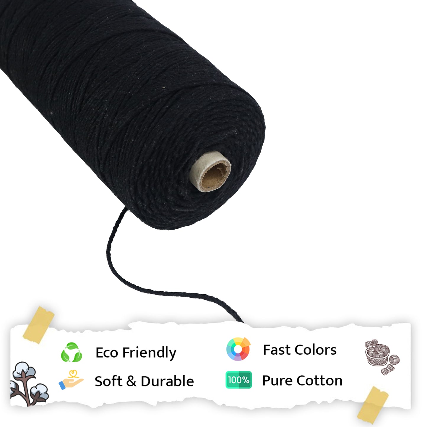 2mm Twisted (3Ply) | Black | 350 - 400 Metres | 1kg Spool | Cotton | No 01