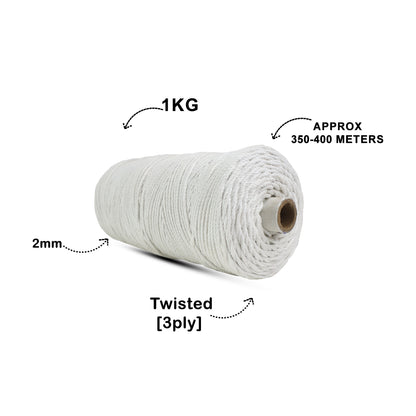 2mm Twisted (3Ply) | Pure White | 350 - 400 Metres | 1kg Spool | Cotton | No 03