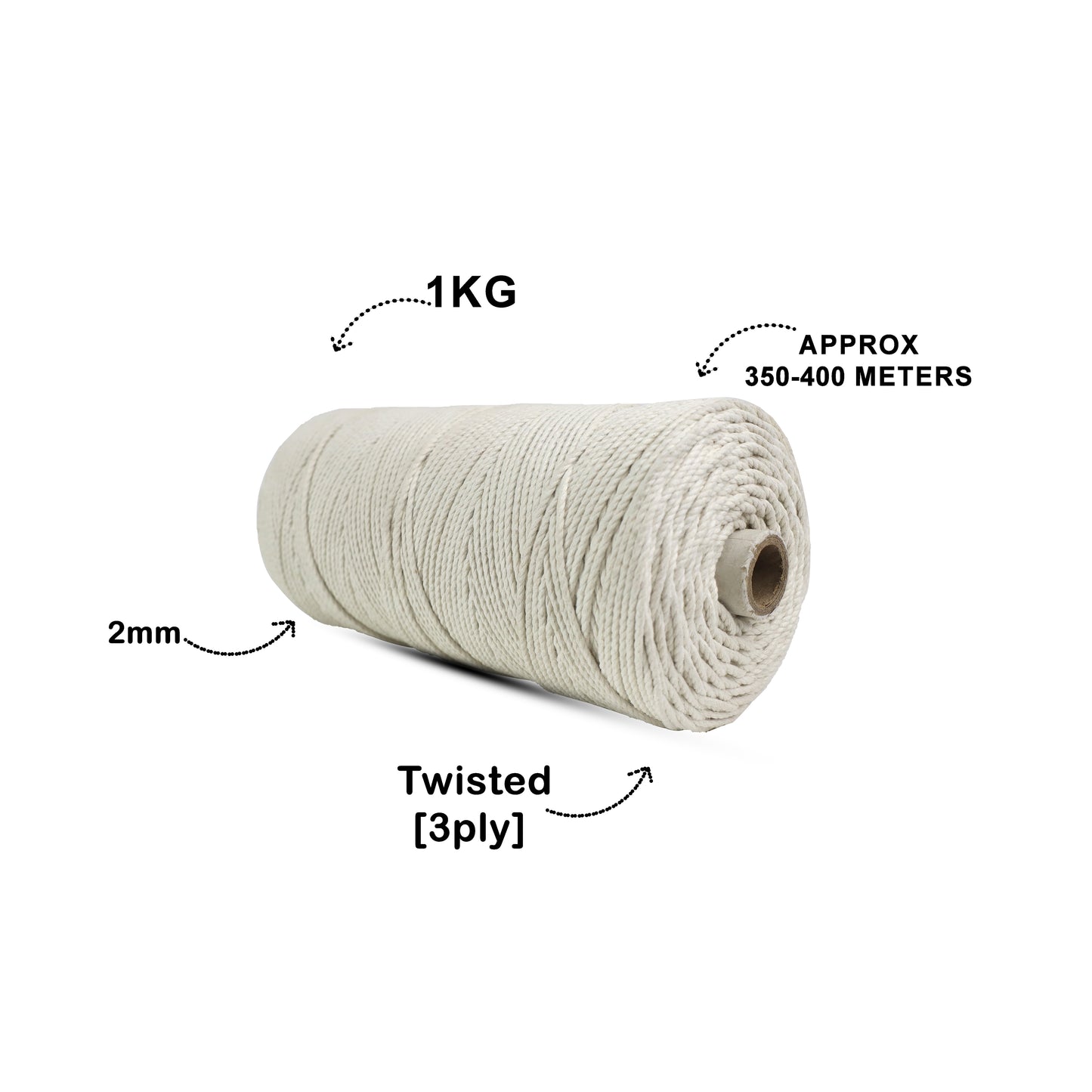 2mm Twisted (3Ply) | Off White | 350 - 400 Metres | 1kg Spool | Cotton | No 04