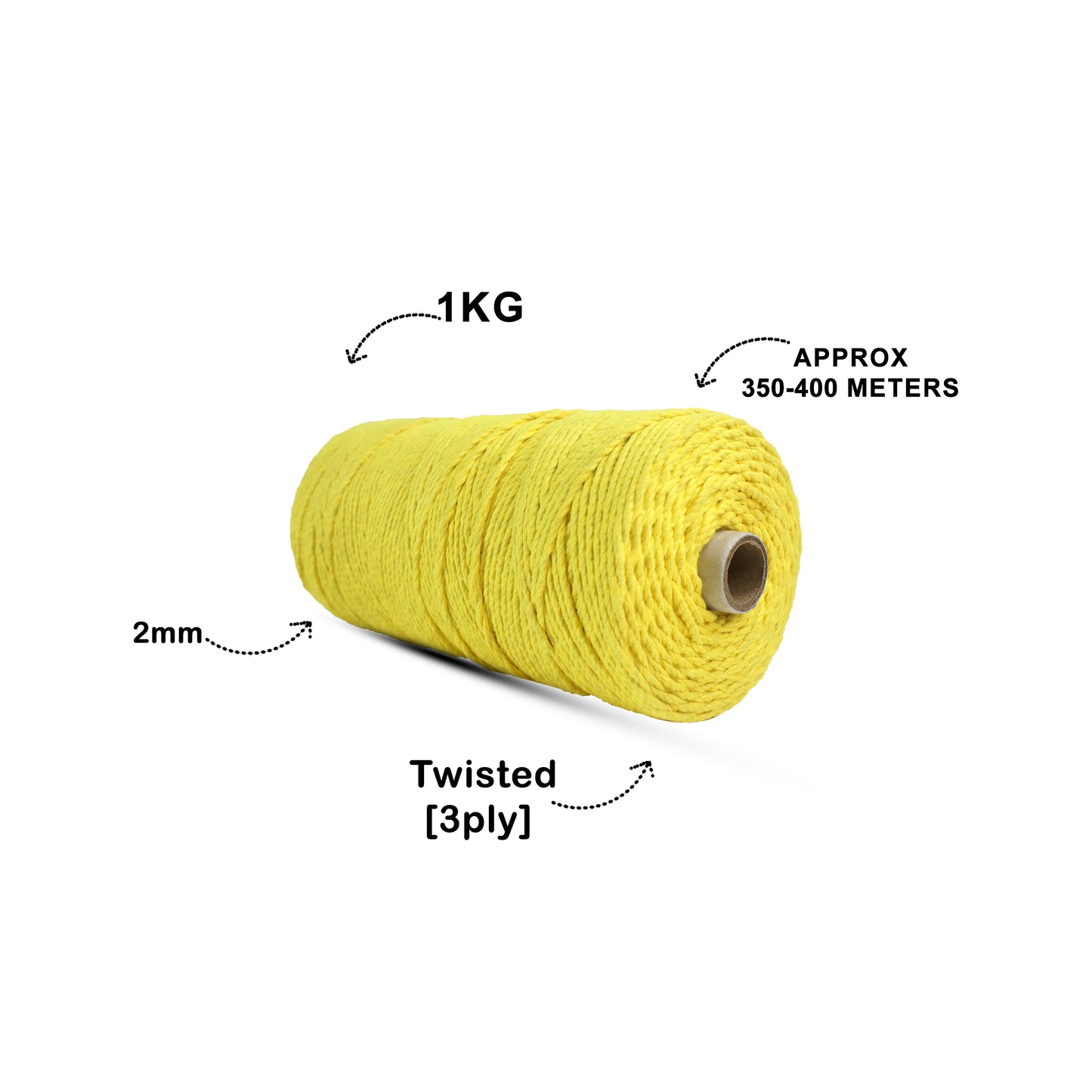 2mm Twisted (3Ply) | Yellow | 350 - 400 Metres | 1kg Spool | Cotton | No 08