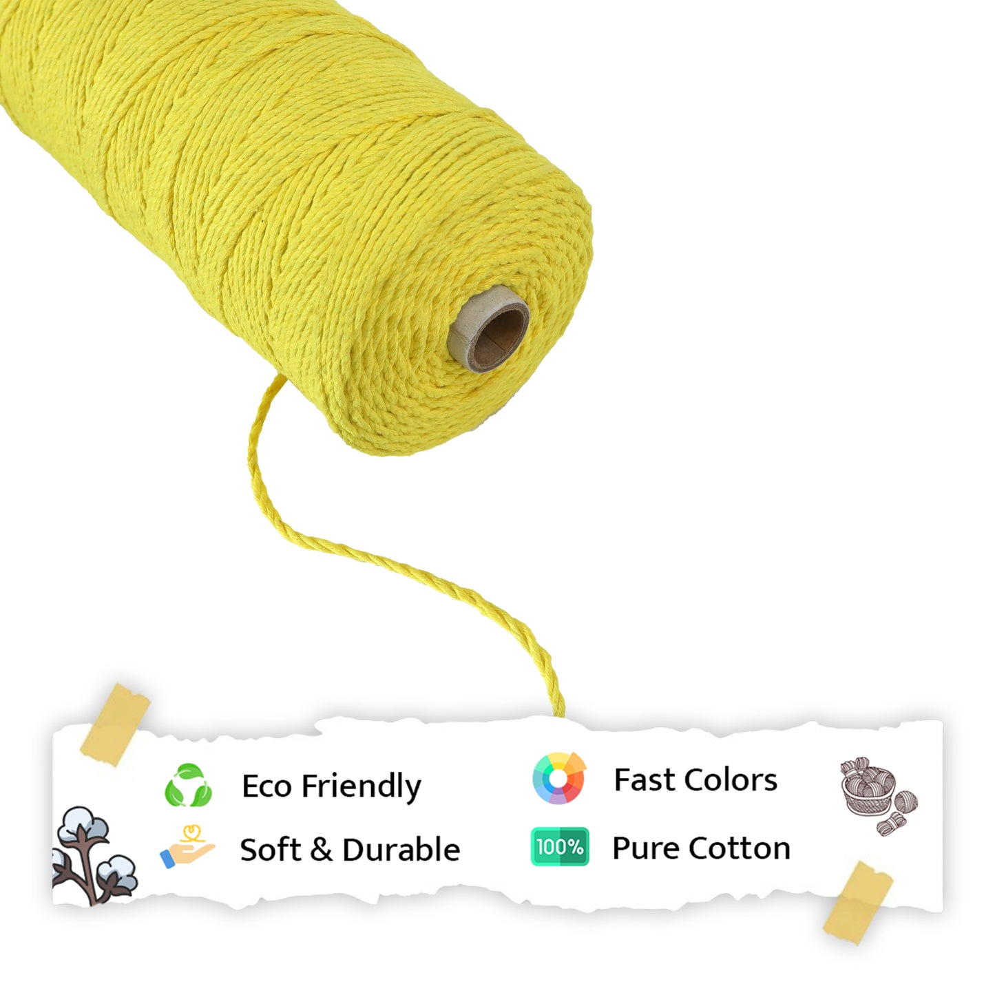 2mm Twisted (3Ply) | Yellow | 350 - 400 Metres | 1kg Spool | Cotton | No 08