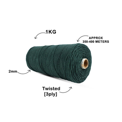 2mm Twisted (3Ply) | Forest Green | 350 - 400 Metres | 1kg Spool | Cotton | No 10