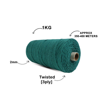 2mm Twisted (3Ply) | Sea Green | 350 - 400 Metres | 1kg Spool | Cotton | No 12