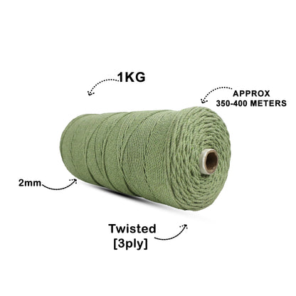 2mm Twisted (3Ply) | Olive Green | 350 - 400 Metres | 1kg Spool | Cotton | No 14