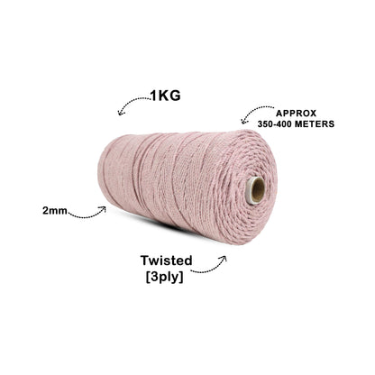 2mm Twisted (3Ply) | Baby Pink | 350 - 400 Metres | 1kg Spool | Cotton | No 18