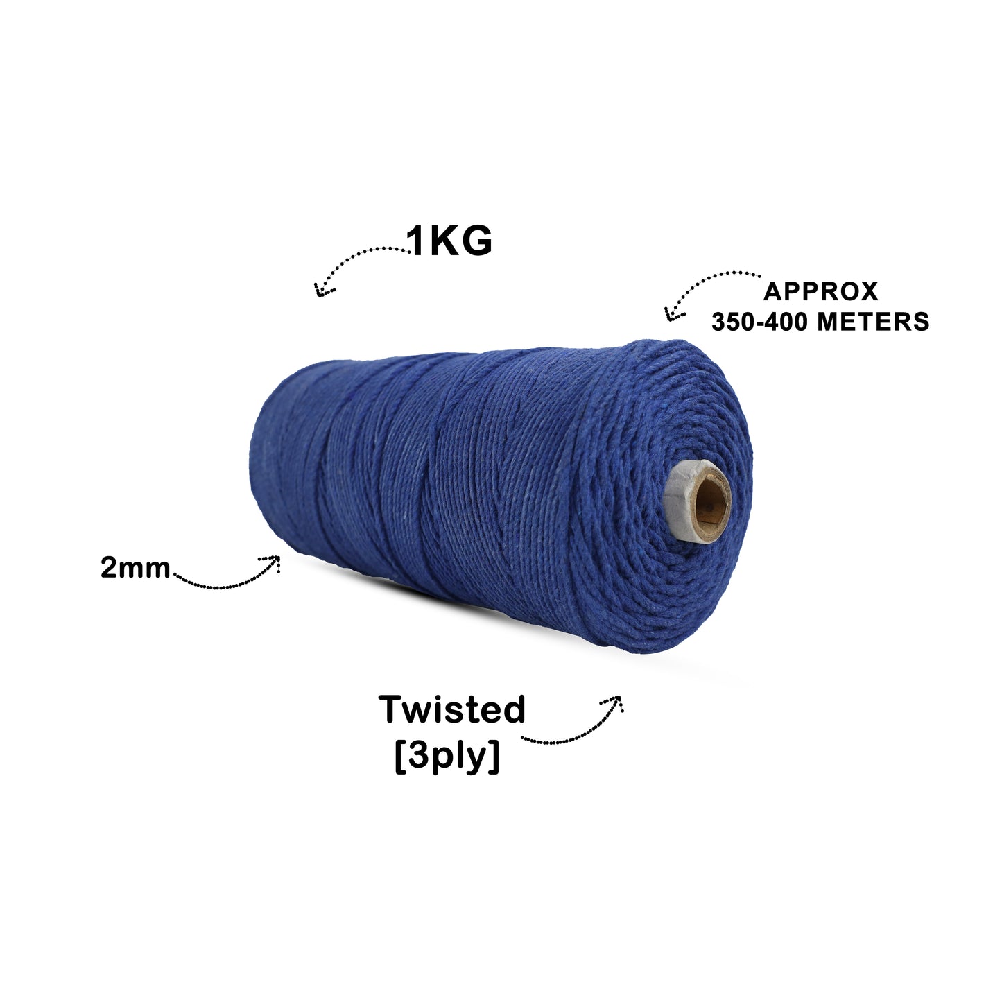 2mm Twisted (3Ply) | Sapphire Blue | 350 - 400 Metres | 1kg Spool | Cotton | No 20