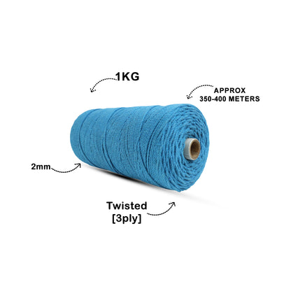 2mm Twisted (3Ply) | Bright Blue | 350 - 400 Metres | 1kg Spool | Cotton | No 22