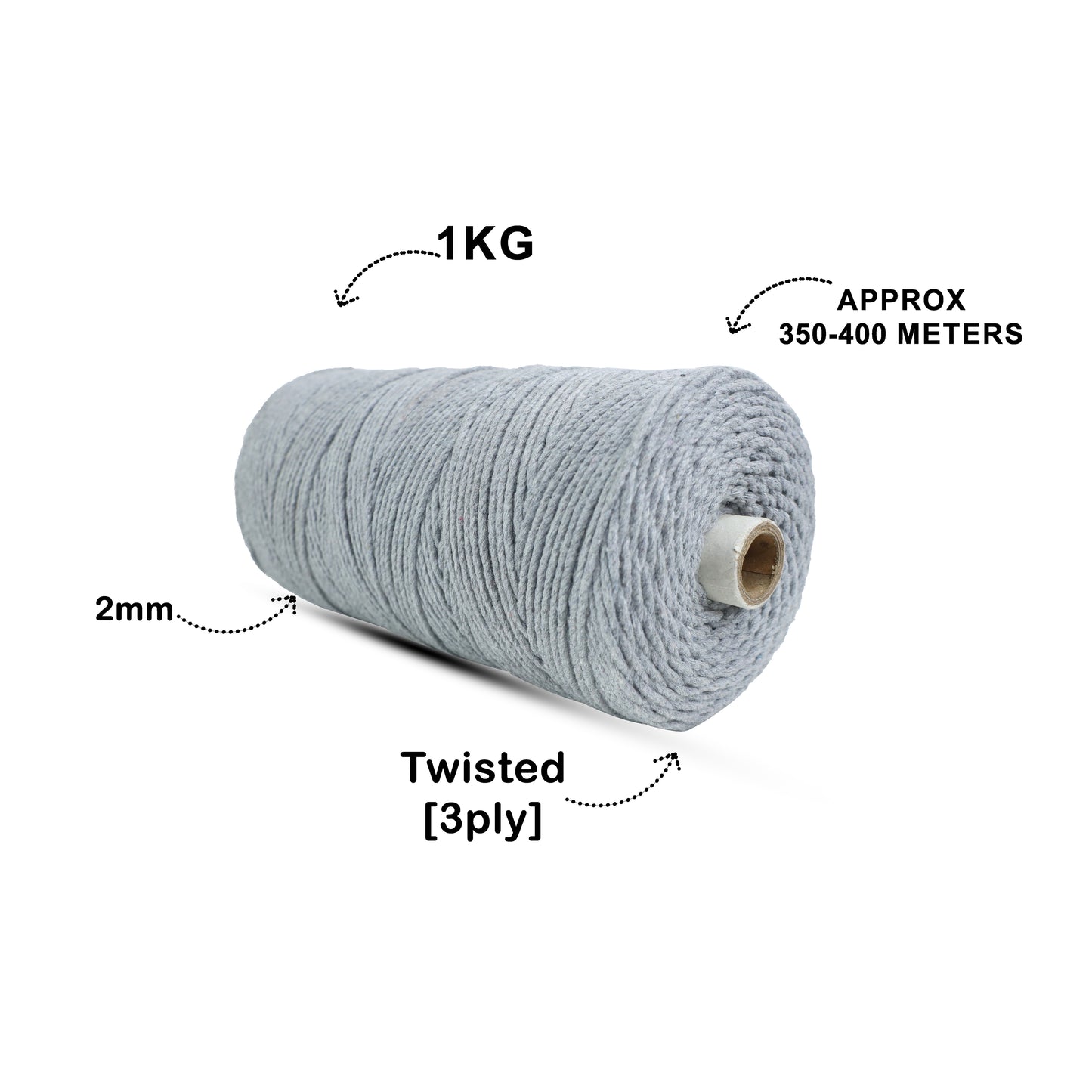 2mm Twisted (3Ply) | Steel Grey | 350 - 400 Metres | 1kg Spool | Cotton | No 24