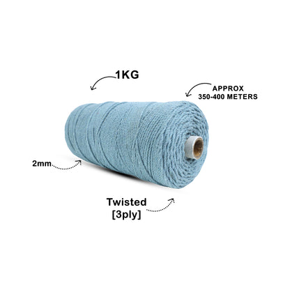 2mm Twisted (3Ply) | Mint Blue | 350 - 400 Metres | 1kg Spool | Cotton | No 25