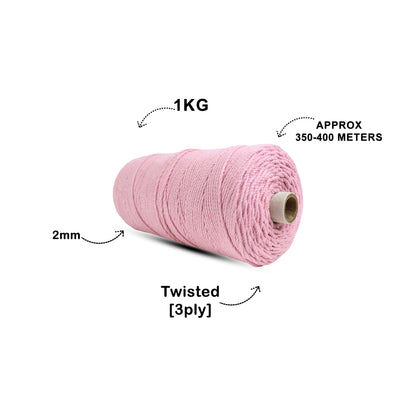 2mm Twisted (3Ply) | Bubblegum Pink | 350 - 400 Metres | 1kg Spool | Cotton | No 26