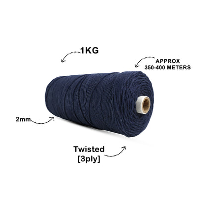 2mm Twisted (3Ply) | Dark Blue | 350 - 400 Metres | 1kg Spool | Cotton | No 27