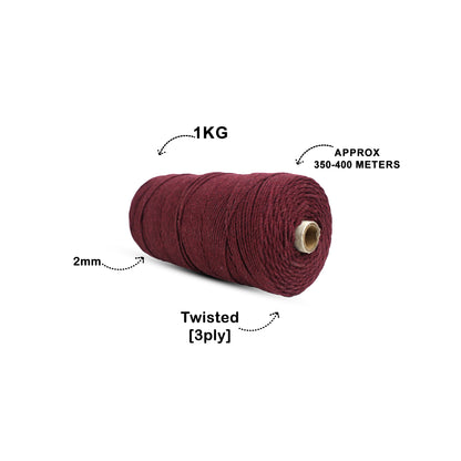 2mm Twisted (3Ply) | Wine | 350 - 400 Metres | 1kg Spool | Cotton | No 29