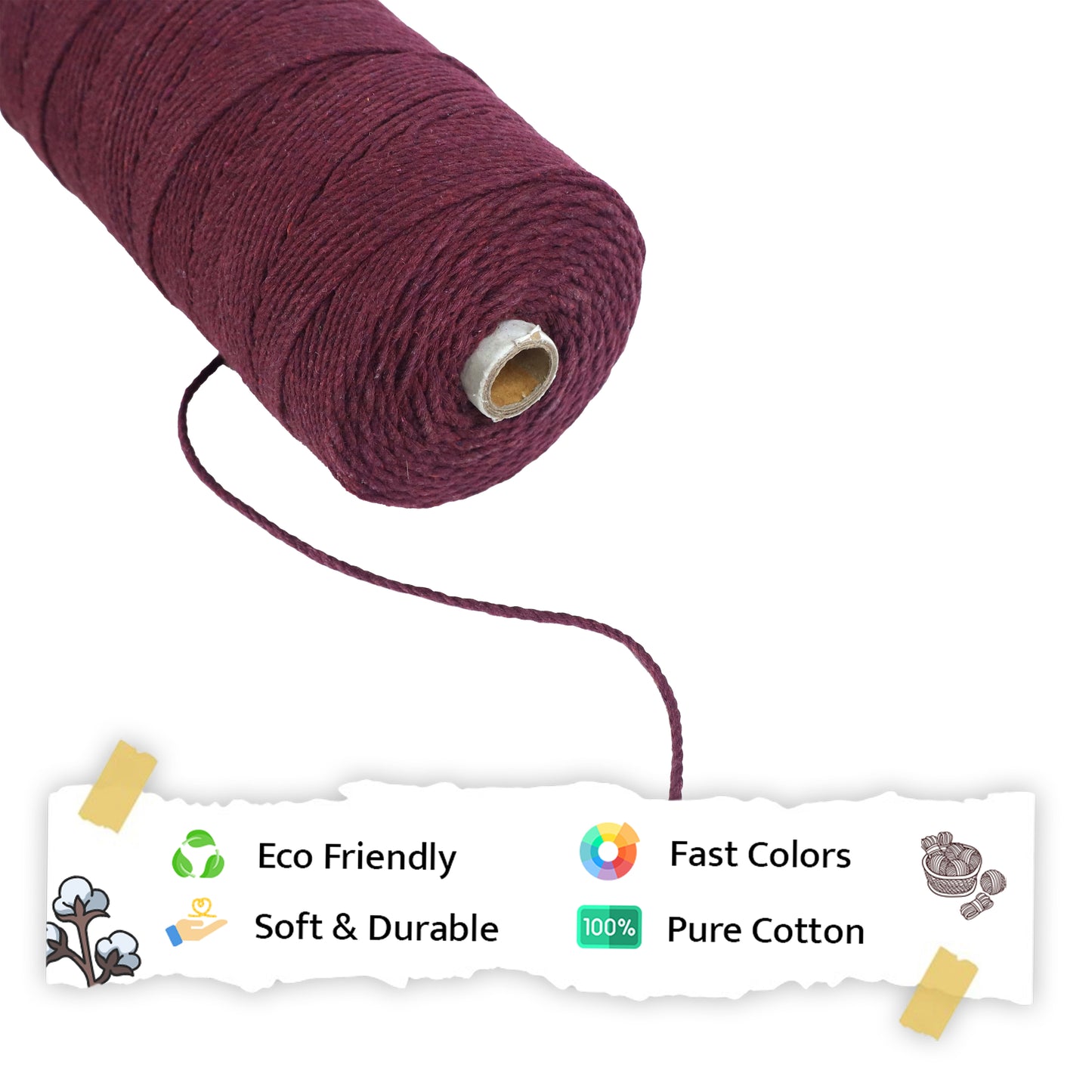 2mm Twisted (3Ply) | Wine | 350 - 400 Metres | 1kg Spool | Cotton | No 29