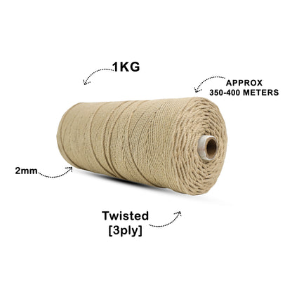 2mm Twisted (3Ply) | Beige | 350 - 400 Metres | 1kg Spool | Cotton | No 30