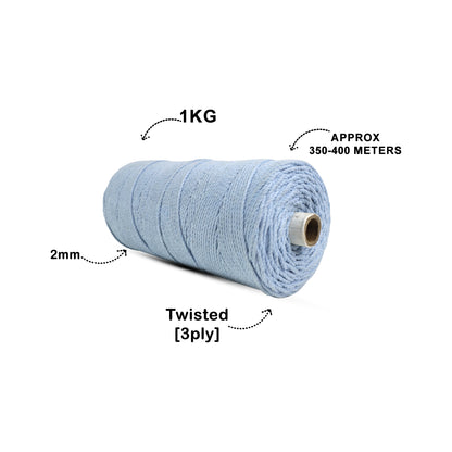 2mm Twisted (3Ply) | Ice Blue | 350 - 400 Metres | 1kg Spool | Cotton | No 32