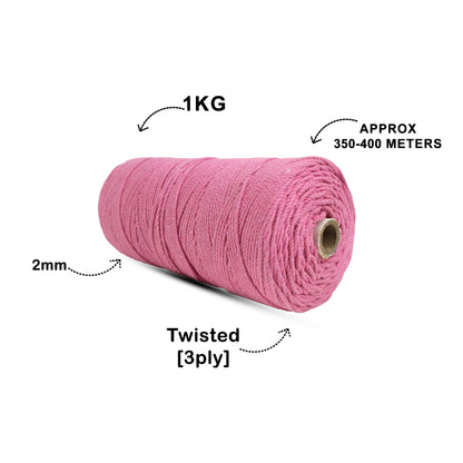 2mm Twisted (3Ply) | Bright Pink | 350 - 400 Metres | 1kg Spool | Cotton | No 33