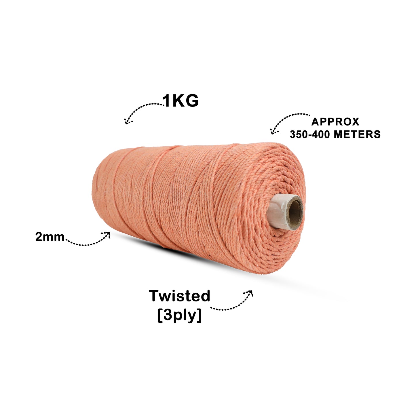 2mm Twisted (3Ply) | Pastel Orange | 350 - 400 Metres | 1kg Spool | Cotton | No 34