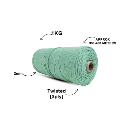 2mm Twisted (3Ply) | Mint Green | 350 - 400 Metres | 1kg Spool | Cotton | No 35