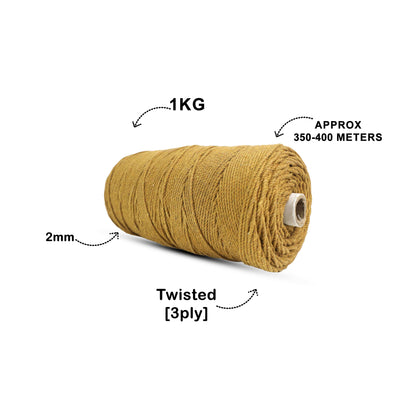 2mm Twisted (3Ply) | Golden Mustard | 350 - 400 Metres | 1kg Spool | Cotton | No 37