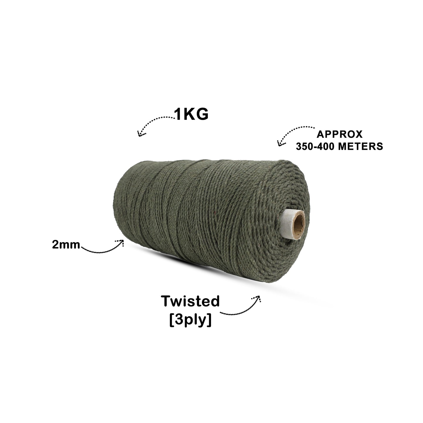 2mm Twisted (3Ply) | Army Green | 350 - 400 Metres | 1kg Spool | Cotton | No 38