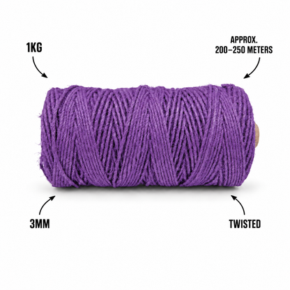3mm Twisted (3Ply) | Jute Rope | Violet | 200-250 Metres | 1 KG