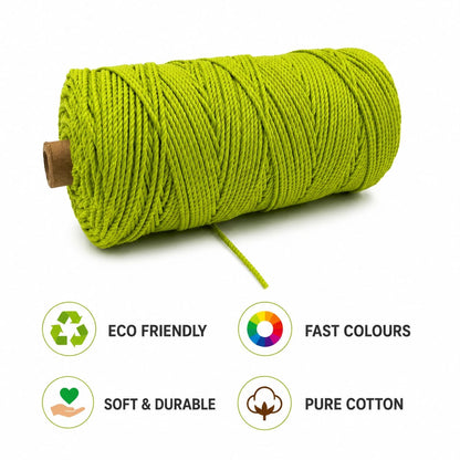 3mm Twisted (3Ply) | Parrot Green | 200 - 250 Metres | 1kg Spool | Cotton | No 13