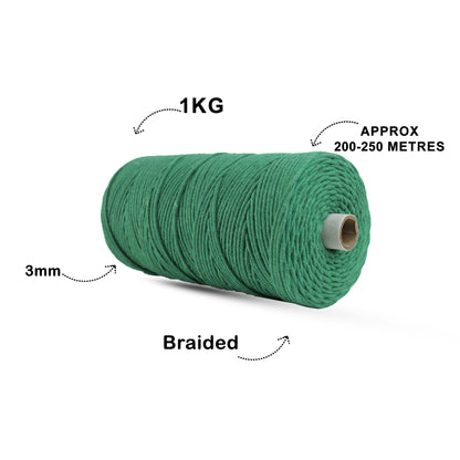 3mm Braided | Green | 150 Metres | Approx 700gms | Cotton | No 11