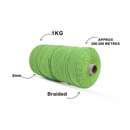 3mm Braided | Parrot Green | 150 Metres | Approx 700gms | Cotton | No 13