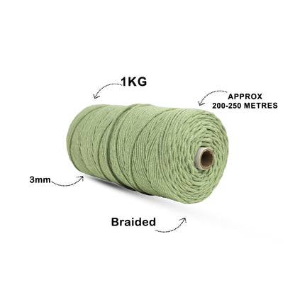 3mm Braided | Olive Green | 150 Metres | Approx 700gms | Cotton | No 14