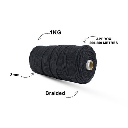 3mm Braided | Black | 200 - 250 Metres | 1Kg Spool | Cotton | No 01