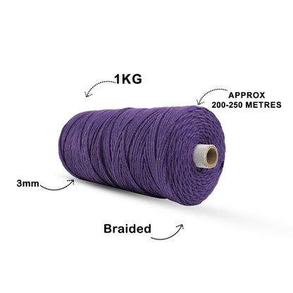 3mm Braided | Violet | 150 Metres | Approx 700gms | Cotton | No 21