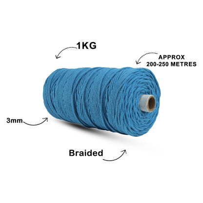 3mm Braided | Bright Blue | 150 Metres | Approx 700gms | Cotton | No 22